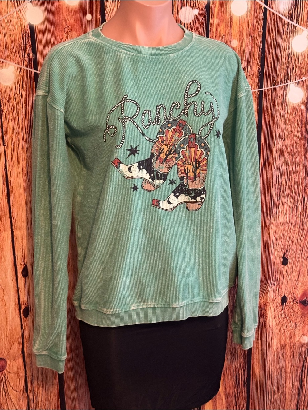 Rock & Roll Denim Ranchy Western Graphic Pullover Long Sleeve - Turquoise